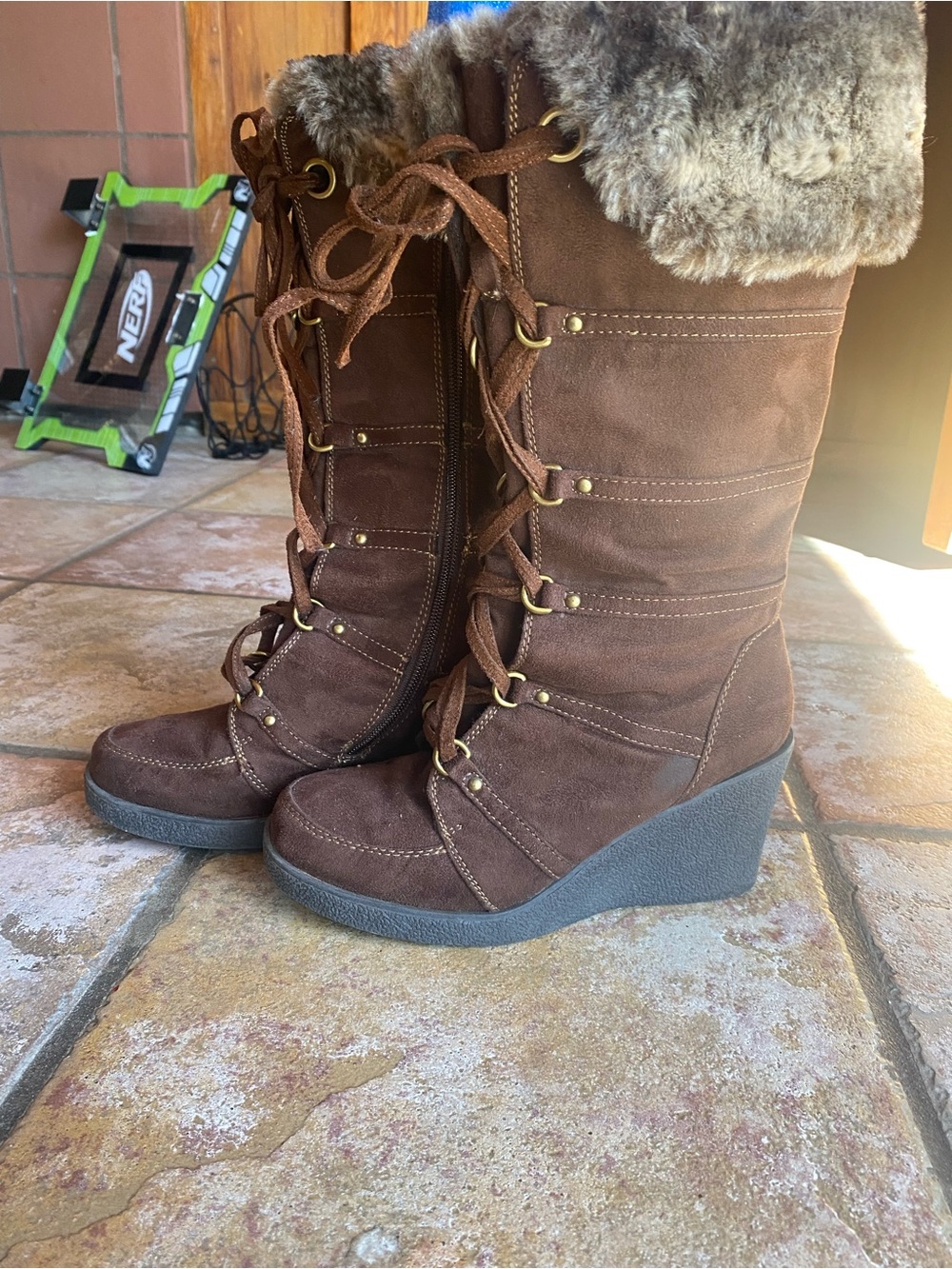 Charlotte Russe Brown Faux Fur Lace-Up Wedge Boots